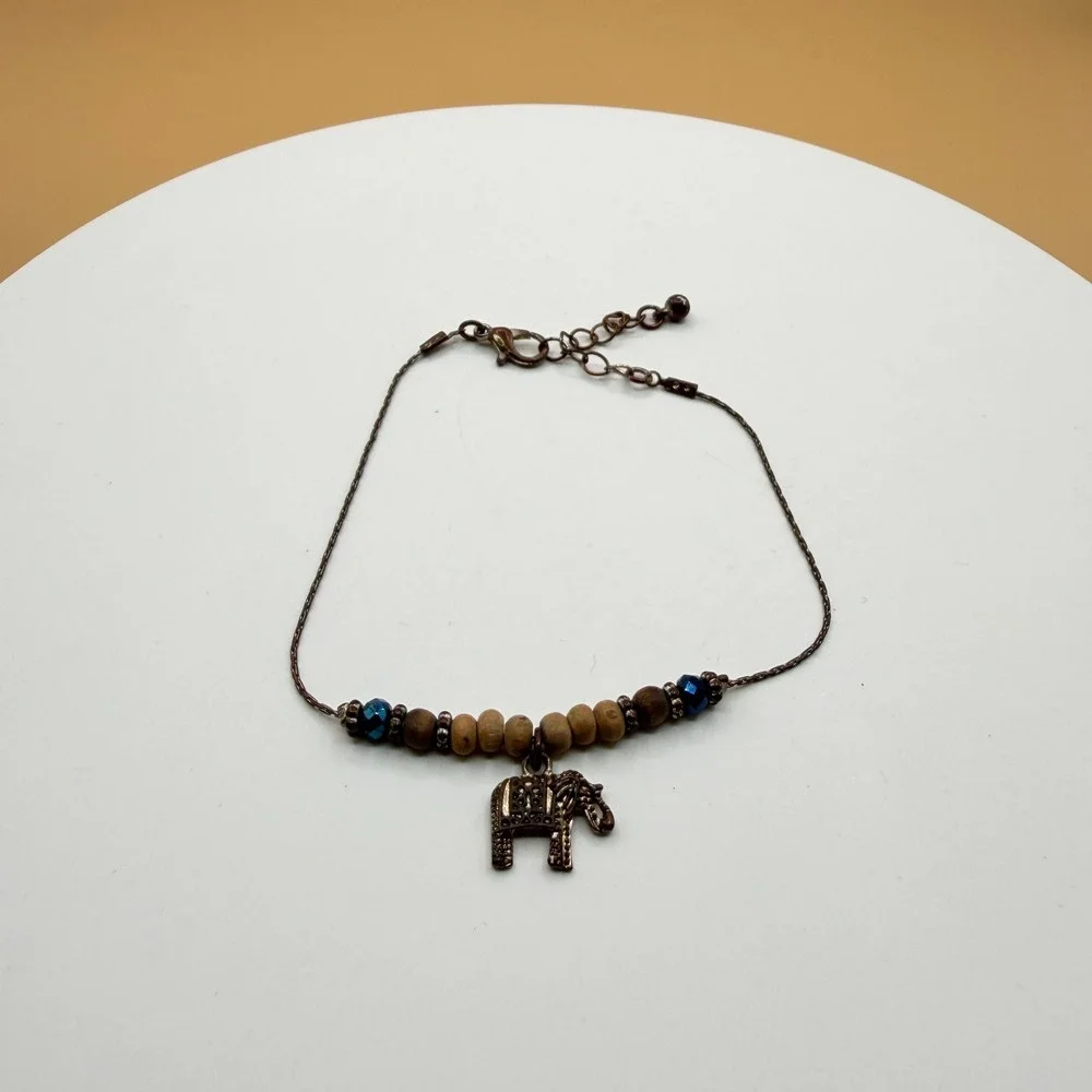 Elephant Charm Bracelet Wood Beads Blue Crystal Boho Bronze Tone Adjustable